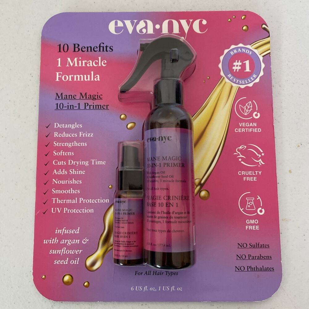 Eva NYC Mane Magic 10-in-1 Primer FULL SIZE (6 oz) & 1 OZ Travel Size new sealed